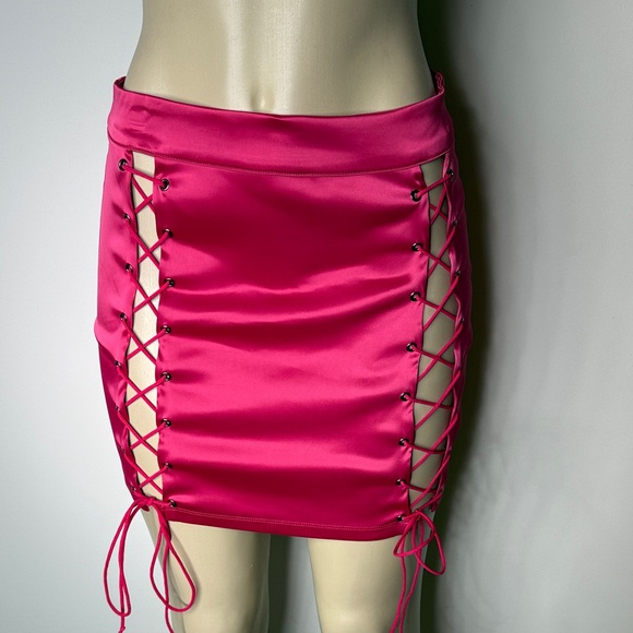 Fashion Nova Dresses & Skirts - Fashion Nova Fuchsia Satin Lace-Up Mini Skirt Dark Fuchsia/red NWOT